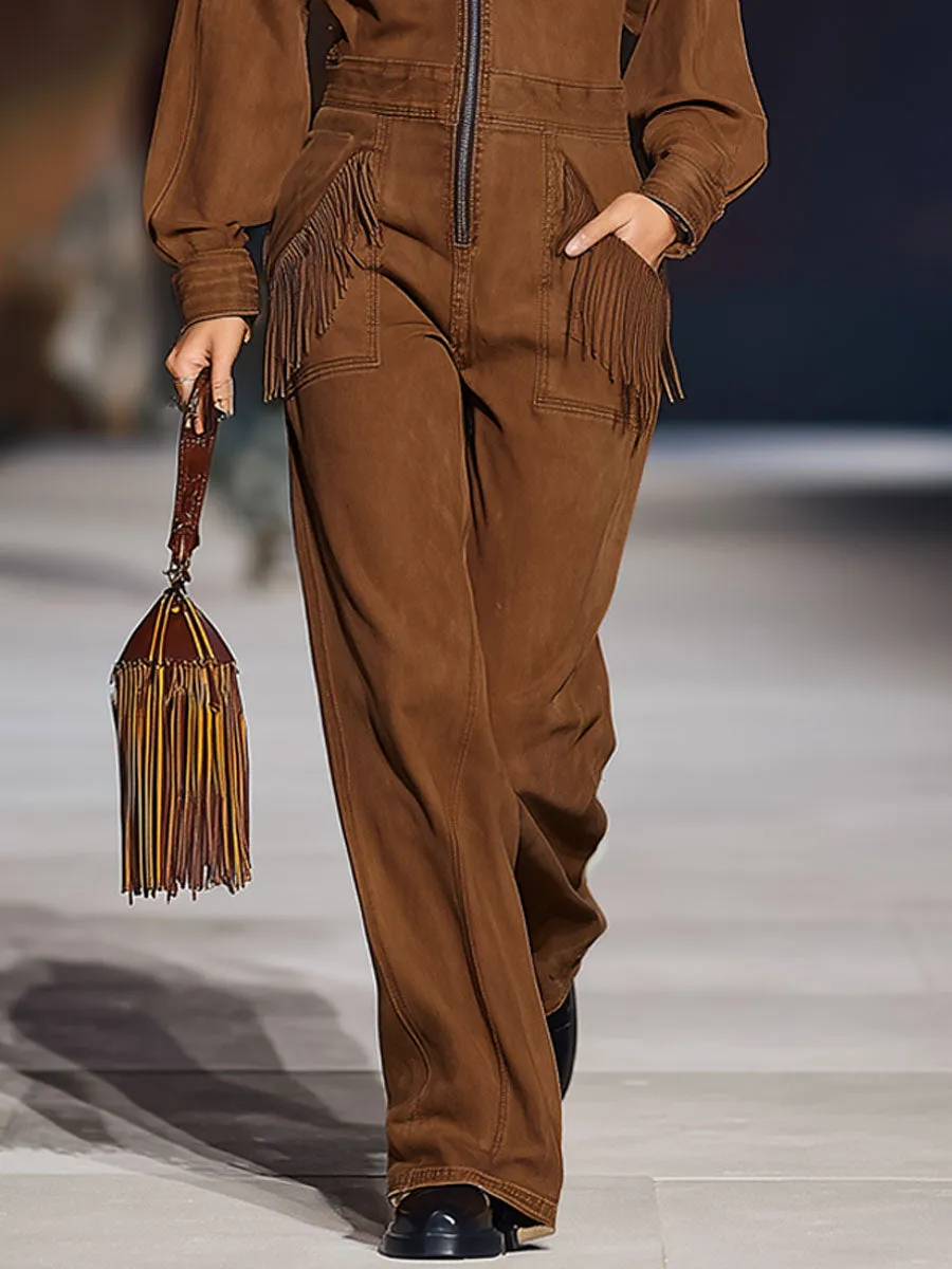 Western Retro Caramel Denim Tassel Pocket Long Sleeve Wide Leg Jumpsuit sold by Oyrosy product image thumbnail 4