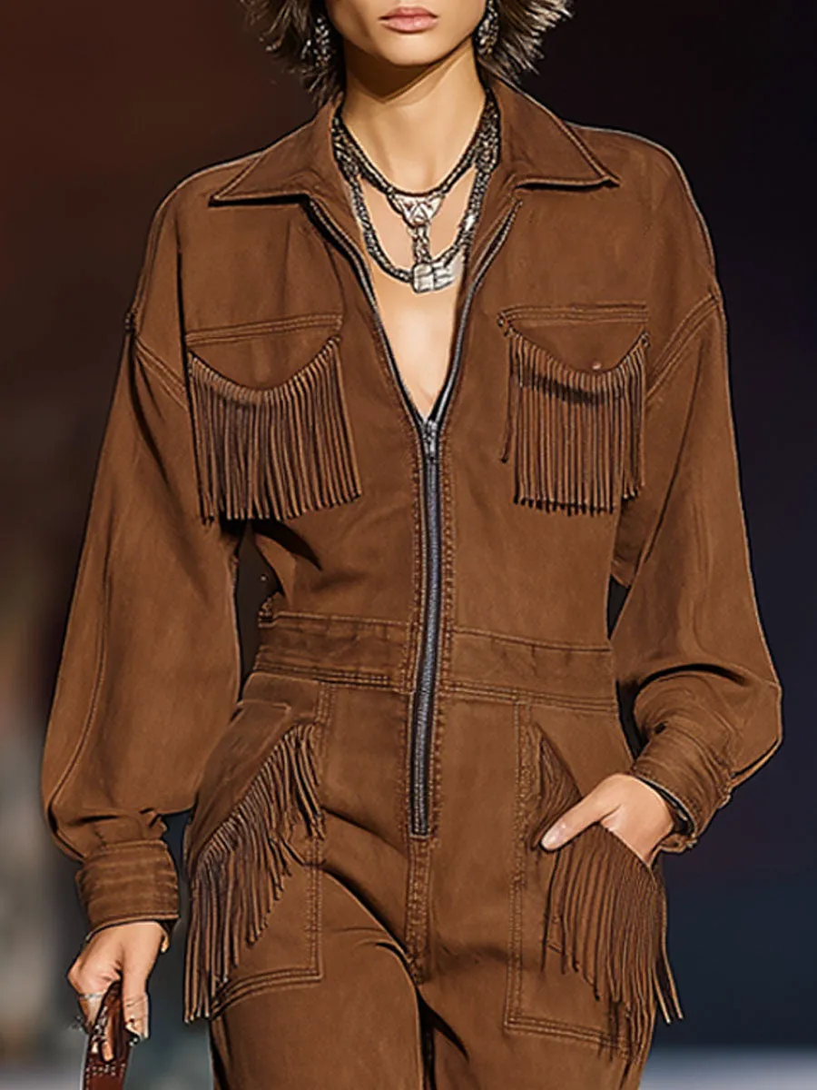 Western Retro Caramel Denim Tassel Pocket Long Sleeve Wide Leg Jumpsuit sold by Oyrosy product image thumbnail 3