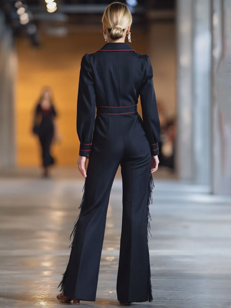 Retro Red Topstitched Navy Denim Long Sleeve Flared Tassel Jumpsuit sold by Oyrosy product image thumbnail 3