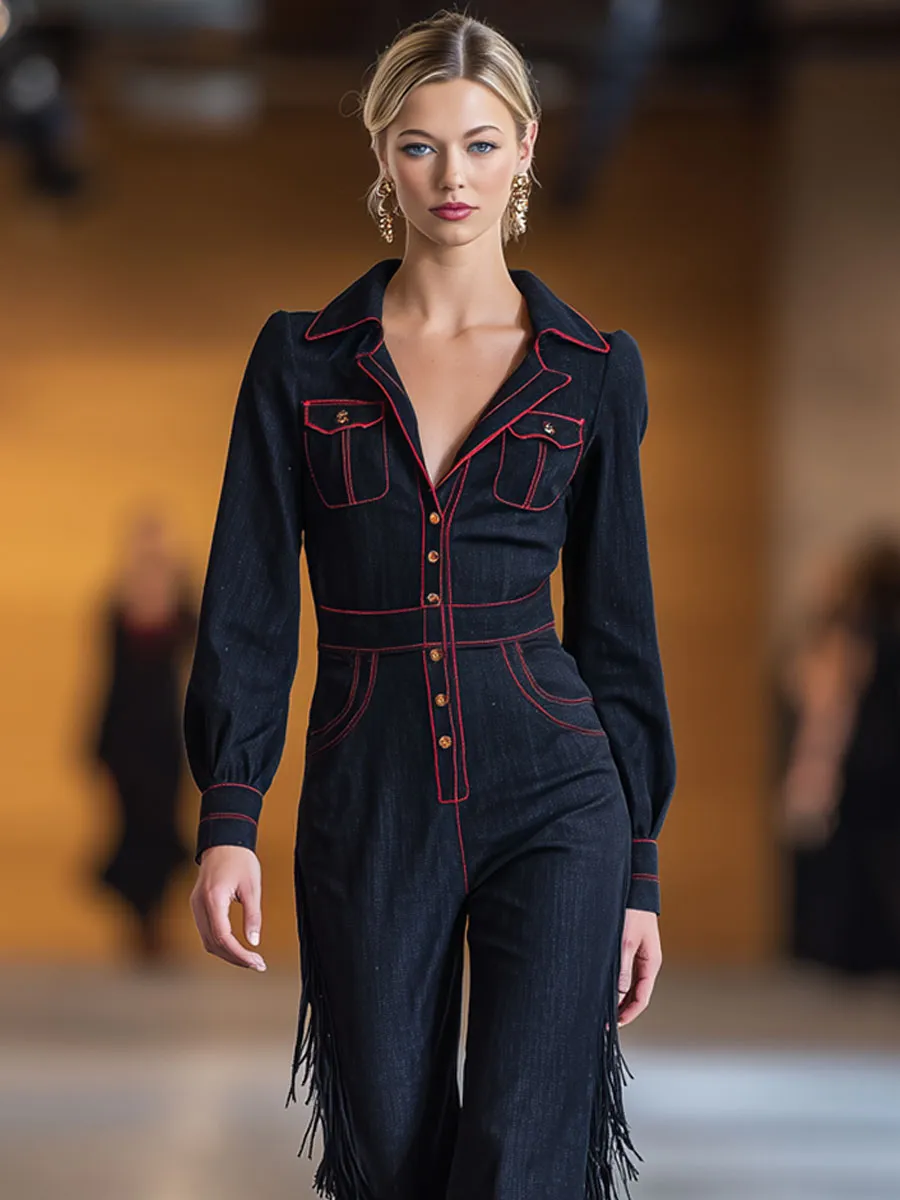 Retro Red Topstitched Navy Denim Long Sleeve Flared Tassel Jumpsuit sold by Oyrosy product image thumbnail 4