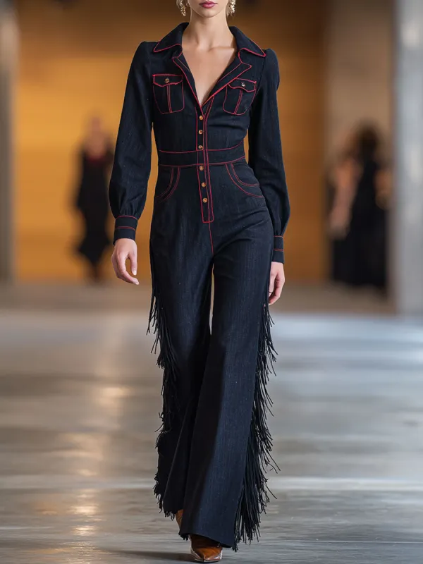 Retro Red Topstitched Navy Denim Long Sleeve Flared Tassel Jumpsuit sold by Oyrosy