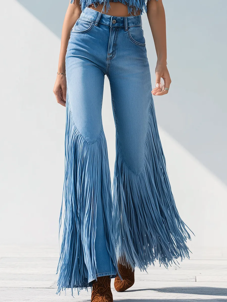 Trendy Retro Tassel Flared Jeans sold by Oyrosy
