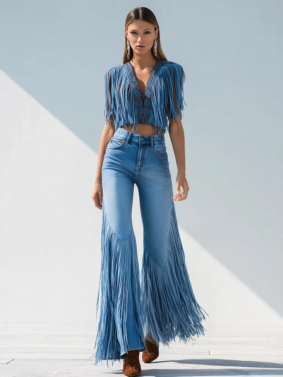 Trendy Retro Tassel Flared Jeans sold by Oyrosy product image thumbnail 3