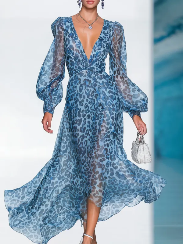 【24-hour shipping out】Elegant And Fashionable Chiffon Blue Leopard Print Long Sleeve V-neck Flowing Maxi Dress sold by Oyrosy