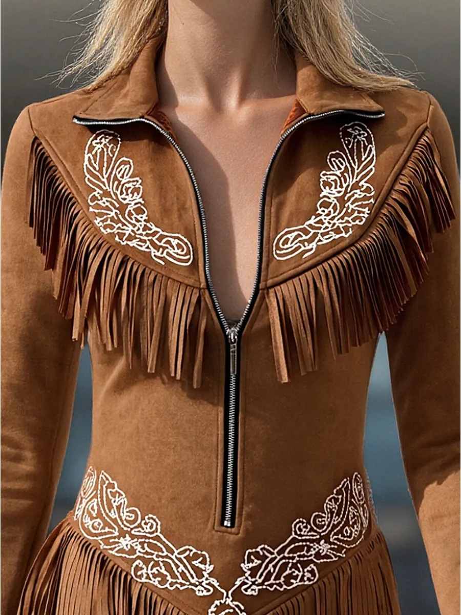 Vintage Western Style Embroidered Tassel Long Sleeve Brown Suede Mini Dress sold by Oyrosy product image thumbnail 4