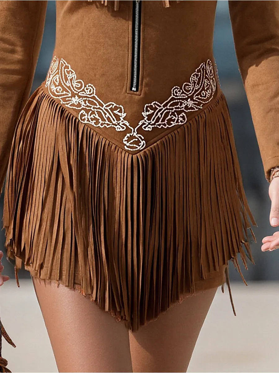 Vintage Western Style Embroidered Tassel Long Sleeve Brown Suede Mini Dress sold by Oyrosy product image thumbnail 5