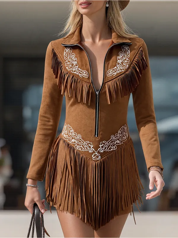 Vintage Western Style Embroidered Tassel Long Sleeve Brown Suede Mini Dress sold by Oyrosy