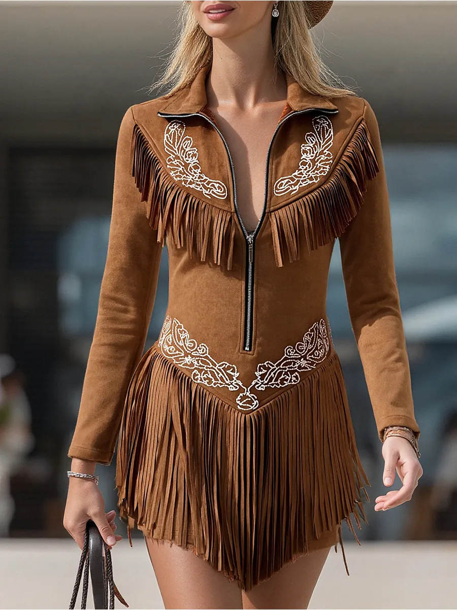 Vintage Western Style Embroidered Tassel Long Sleeve Brown Suede Mini Dress sold by Oyrosy