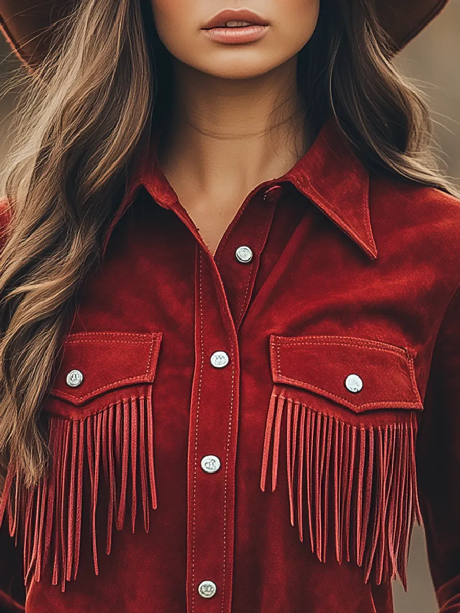 Outdoor Western Cowboy Red Suede Lapel Tassel Long Sleeve Shirt sold by Oyrosy product image thumbnail 4