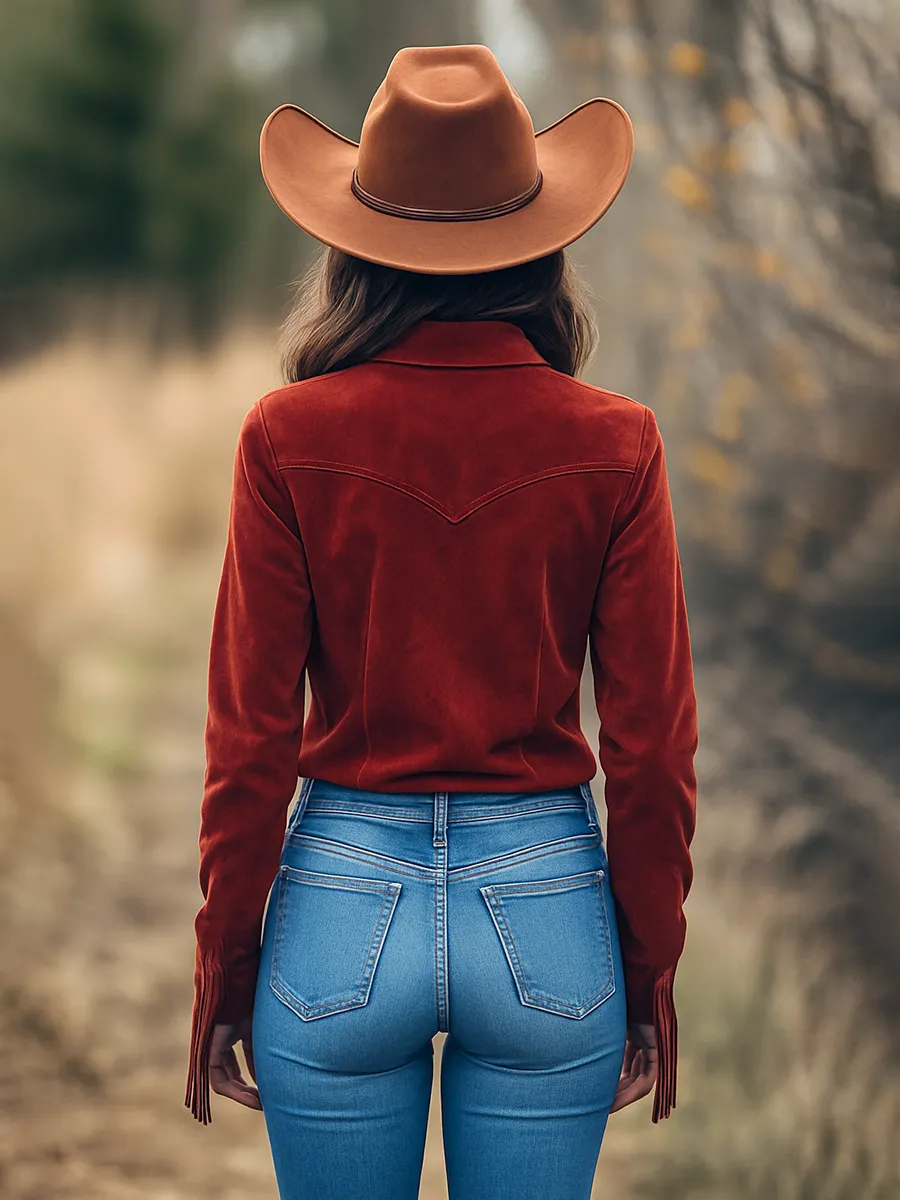 Outdoor Western Cowboy Red Suede Lapel Tassel Long Sleeve Shirt sold by Oyrosy product image thumbnail 2