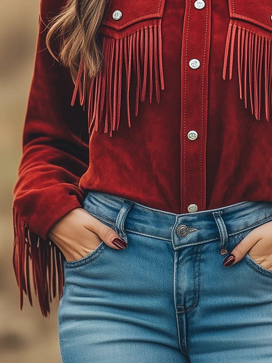 Outdoor Western Cowboy Red Suede Lapel Tassel Long Sleeve Shirt sold by Oyrosy product image thumbnail 5
