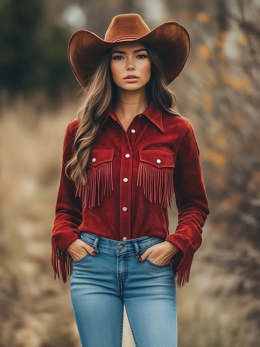 Outdoor Western Cowboy Red Suede Lapel Tassel Long Sleeve Shirt sold by Oyrosy product image thumbnail 3
