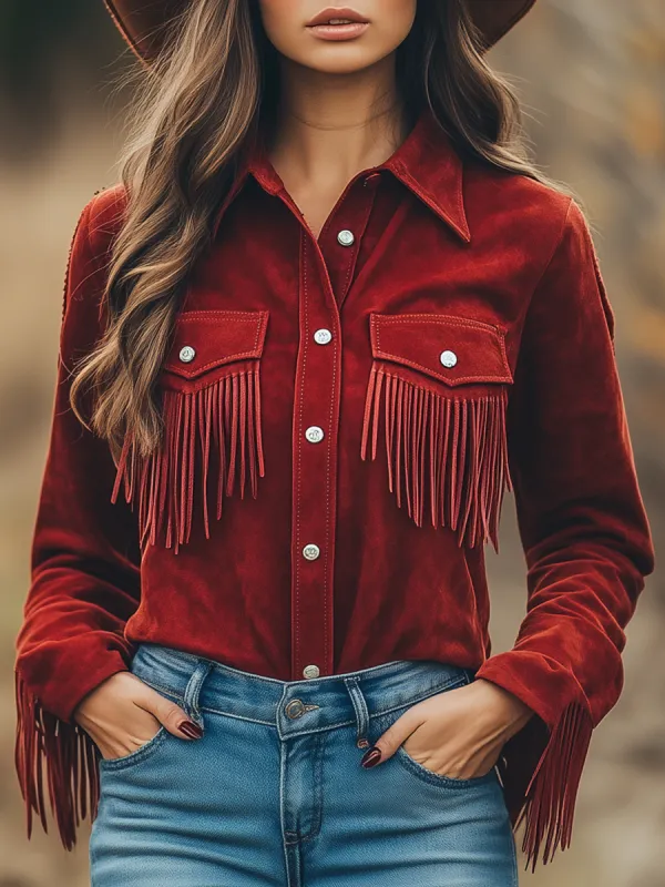 Outdoor Western Cowboy Red Suede Lapel Tassel Long Sleeve Shirt sold by Oyrosy
