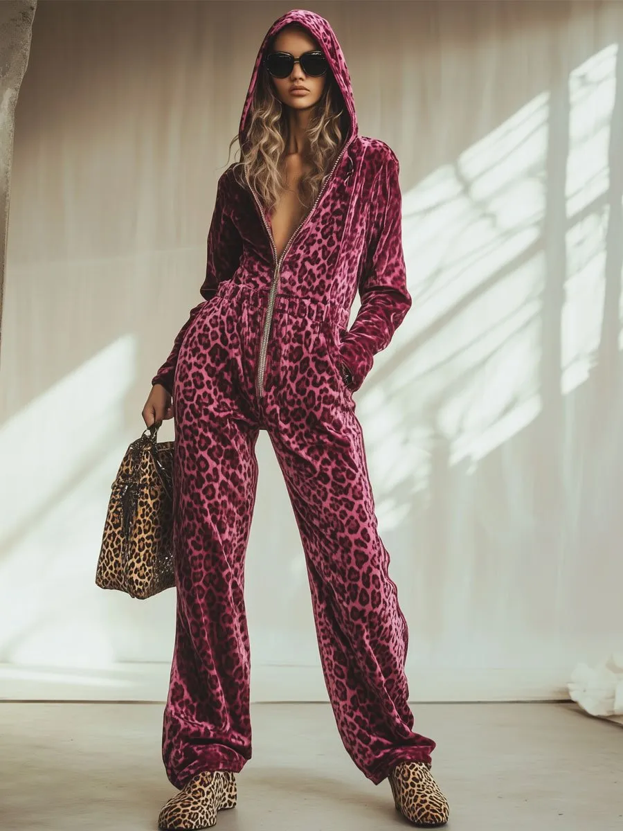 Casual Loose Retro Pink Velvet Leopard Print Elastic Waist Zipper Hooded Jumpsuit sold by Oyrosy