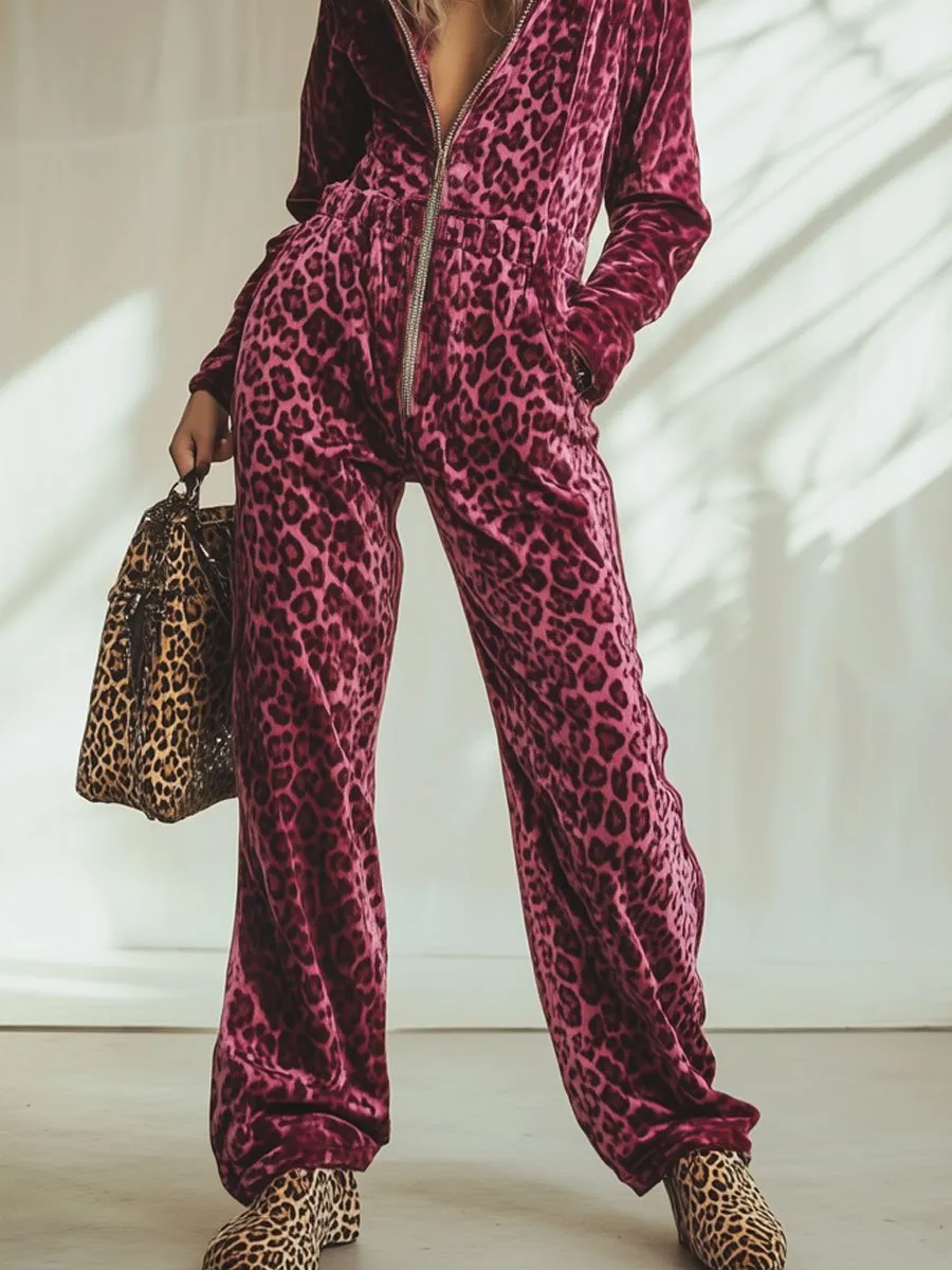 Casual Loose Retro Pink Velvet Leopard Print Elastic Waist Zipper Hooded Jumpsuit sold by Oyrosy product image thumbnail 3