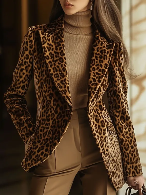 Casual Vintage Velvet Leopard Print Lapel Pocket Blazer sold by Oyrosy