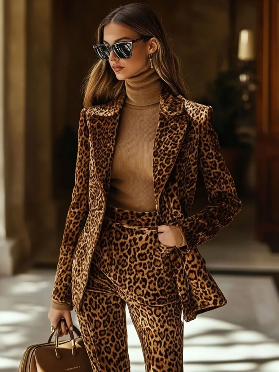 Casual Vintage Velvet Leopard Print Lapel Pocket Blazer sold by Oyrosy product image thumbnail 3