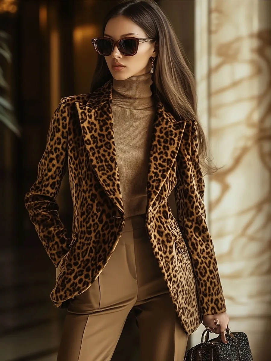 Casual Vintage Velvet Leopard Print Lapel Pocket Blazer sold by Oyrosy product image thumbnail 2