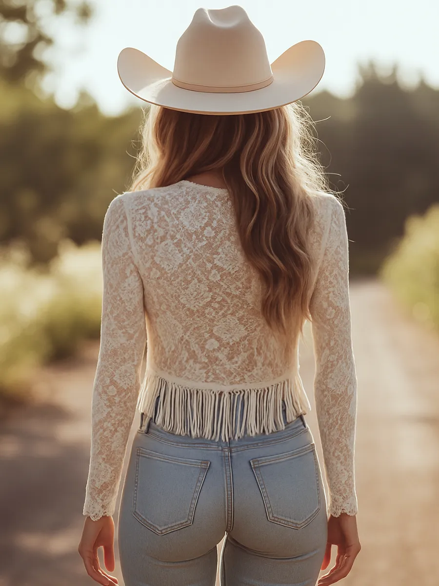 【24-hour shipping out】Retro Fashion V-neck Long Sleeve Tassel Lace T-shirt sold by Oyrosy product image thumbnail 3