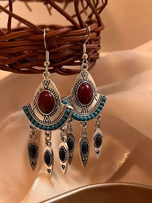 Retro Ethnic Style Turquoise Tassel Pendant Earrings made by Oyrosy