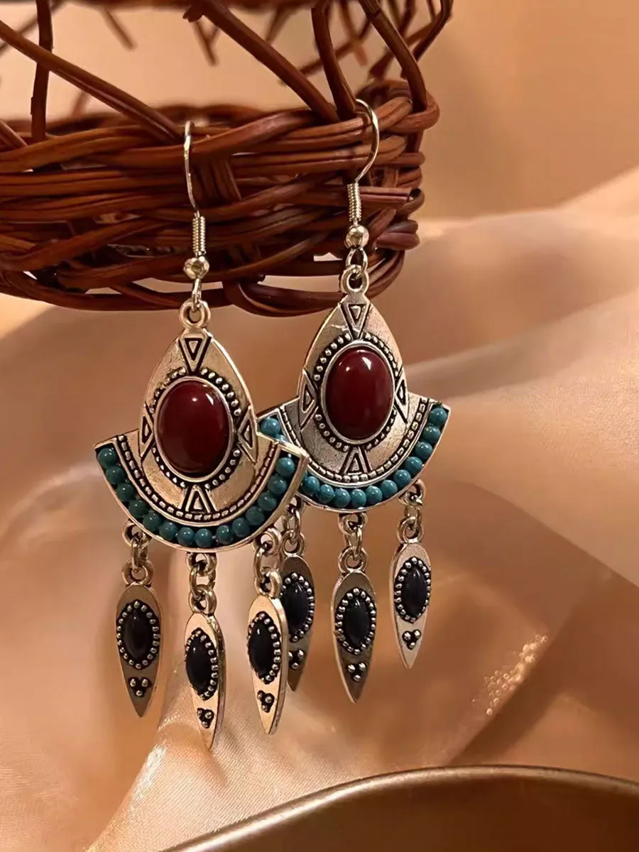 Retro Ethnic Style Turquoise Tassel Pendant Earrings sold by Oyrosy