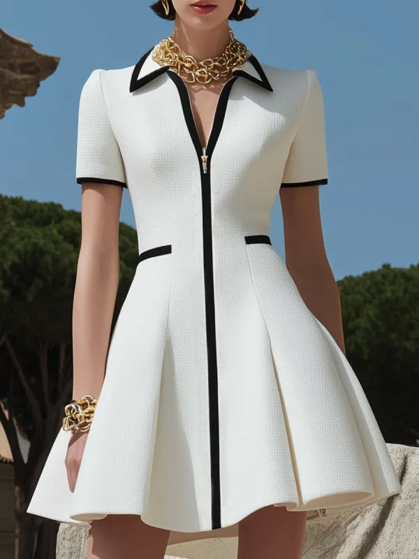 【24-hour shipping out】Women's White Zipper Design With Black Trim Dress sold by Oyrosy