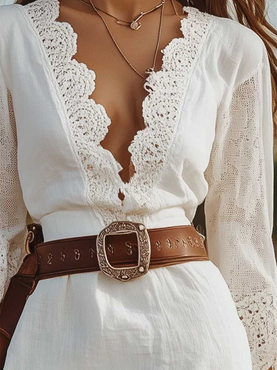 【24-hour shipping out】Women's White Linen V-neck Lace Hem Stitching Lace Mid-length Sleeve Dress sold by Oyrosy product image thumbnail 4