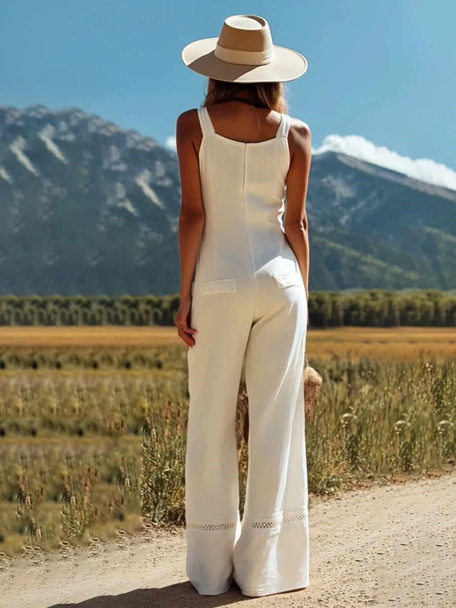 【24-hour shipping out】Women's White Linen Sleeveless Suspender Button Jumpsuit With Lace Design sold by Oyrosy product image thumbnail 3