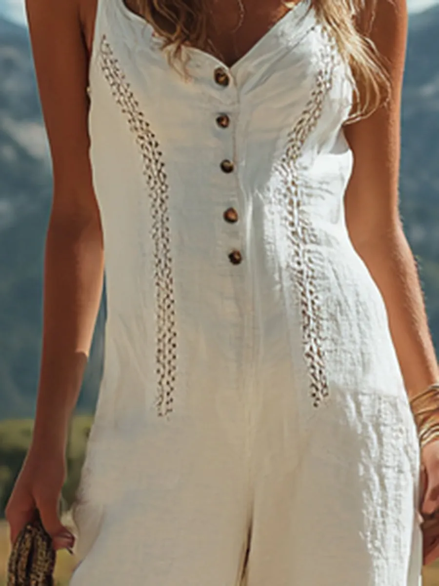 【24-hour shipping out】Women's White Linen Sleeveless Suspender Button Jumpsuit With Lace Design sold by Oyrosy product image thumbnail 4