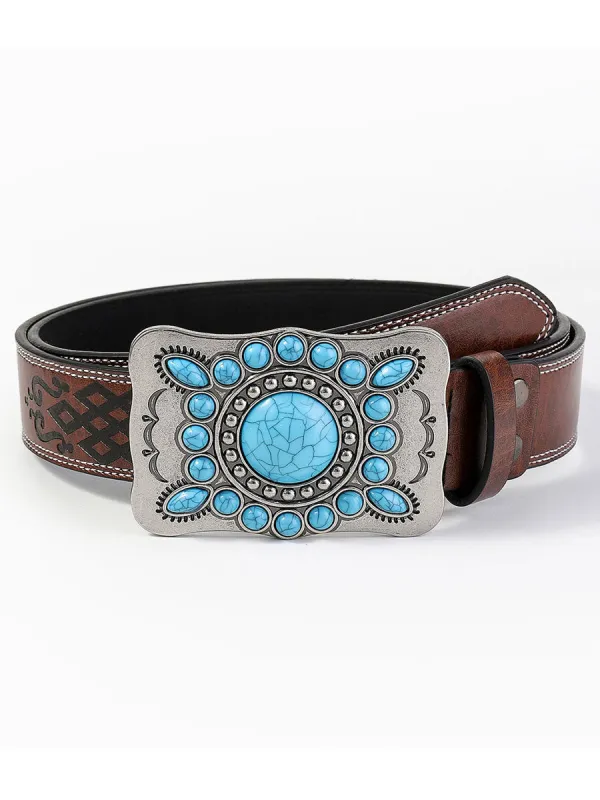 Casual Vintage Gem Flower Decorated PU Leather Belt sold by Oyrosy