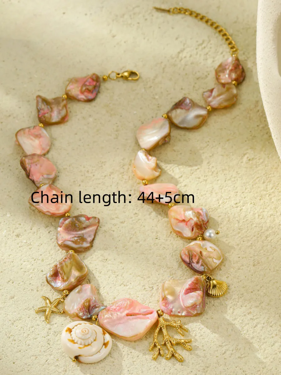 Beach Style Pink Shell Coral Stainless Steel Necklace sold by Oyrosy product image thumbnail 4