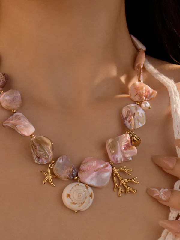 Beach Style Pink Shell Coral Stainless Steel Necklace sold by Oyrosy