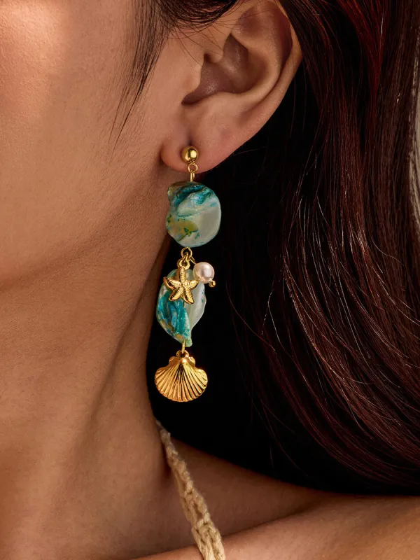 Ocean Beach Style Shell Starfish Stainless Steel Earrings sold by Oyrosy