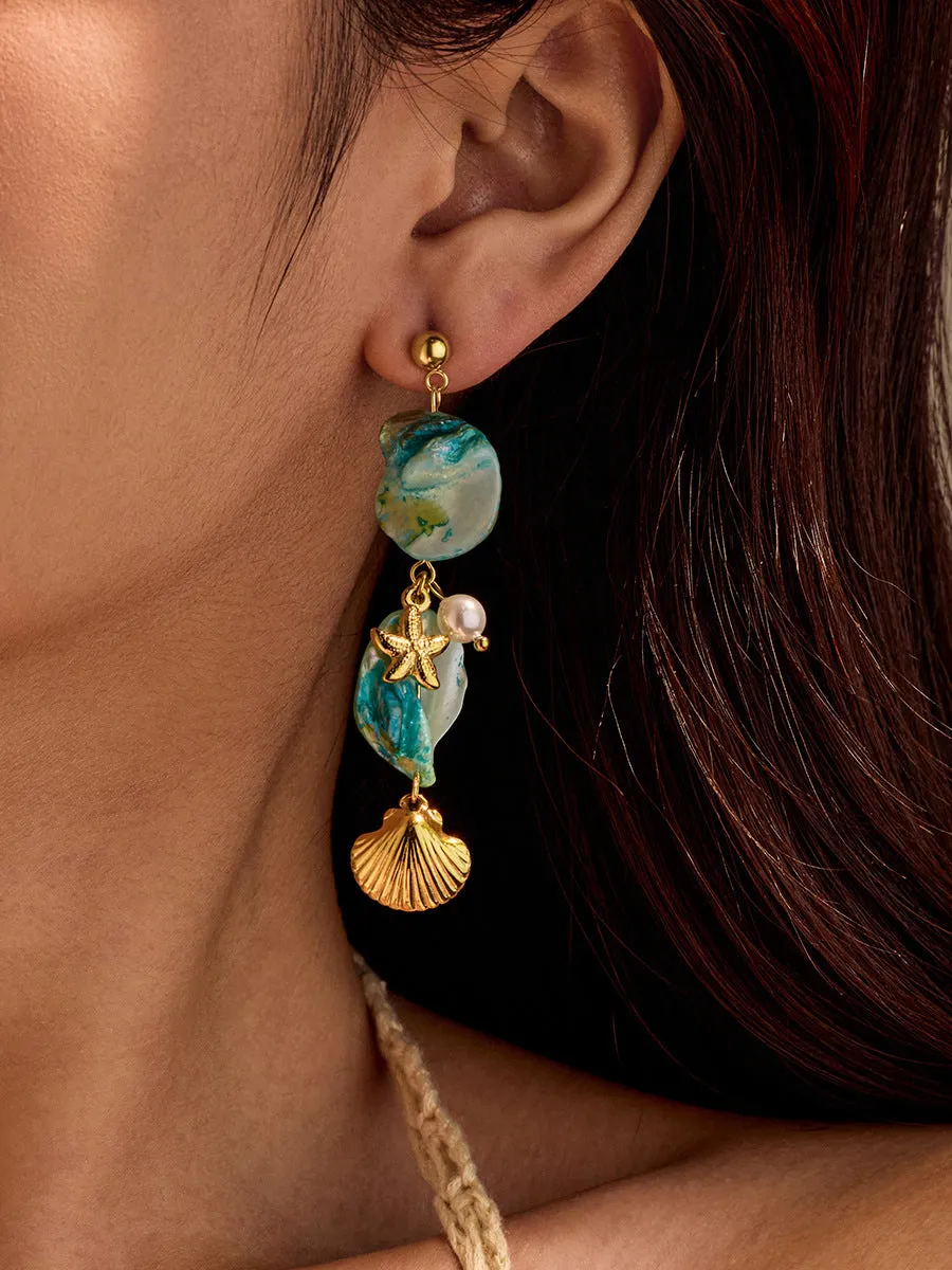 Ocean Beach Style Shell Starfish Stainless Steel Earrings sold by Oyrosy