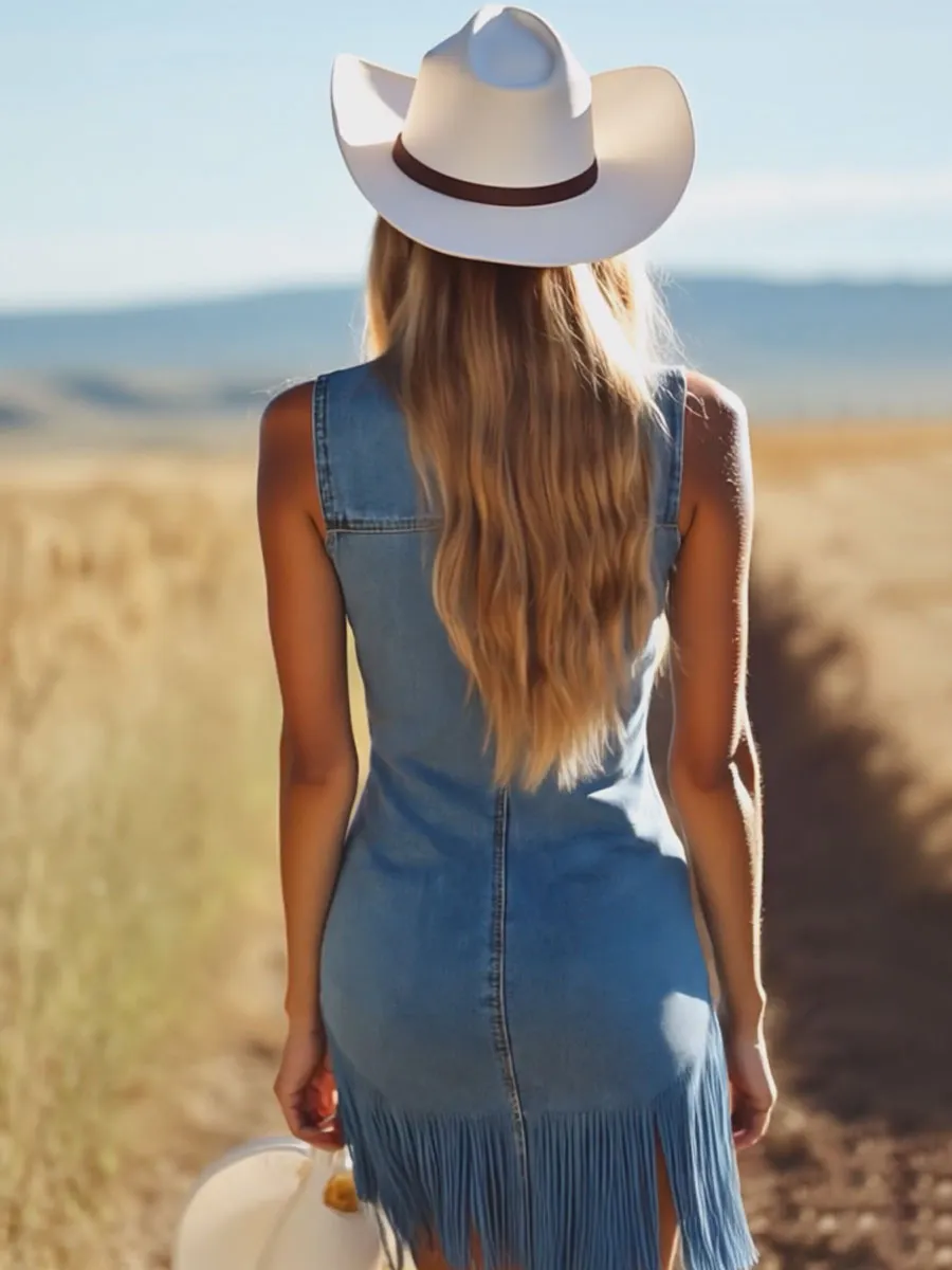 【24-hour shipping out】Casual Vintage Blue Denim V-Neck Tie Sleeveless Tassel Mini Dress sold by Oyrosy product image thumbnail 3