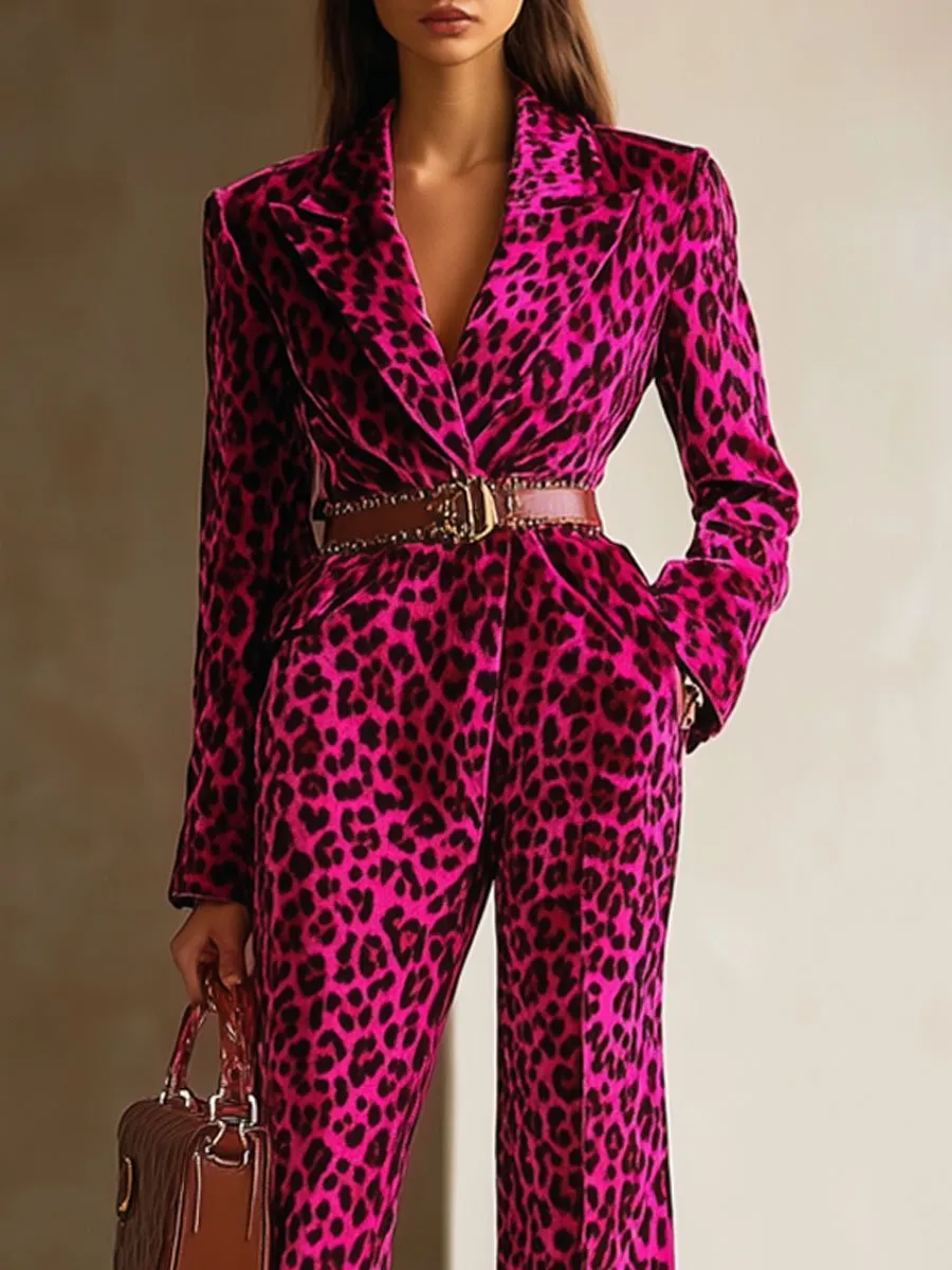 【24-hour shipping out】Casual Loose Retro Velvet Leopard Print Lapel Long Sleeve Jumpsuit sold by Oyrosy product image thumbnail 3