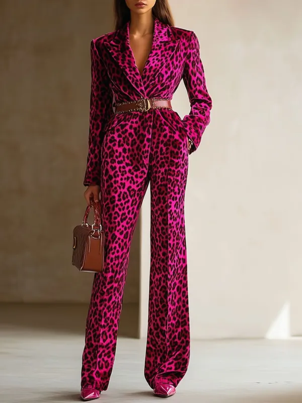 【24-hour shipping out】Casual Loose Retro Velvet Leopard Print Lapel Long Sleeve Jumpsuit sold by Oyrosy