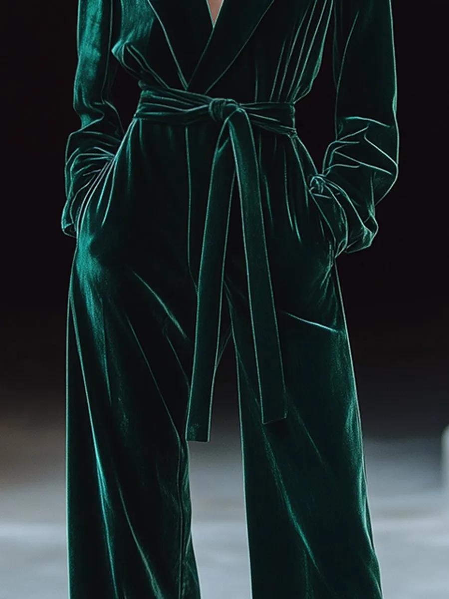 【24-hour shipping out】Retro Fashion Lapel Tie Pocket Velvet Jumpsuit sold by Oyrosy product image thumbnail 3