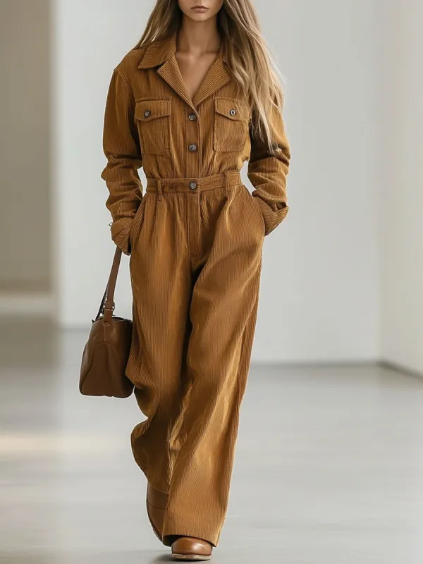 【24-hour shipping out】Casual Loose Retro Corduroy Multi-Pocket Long Sleeve Jumpsuit sold by Oyrosy