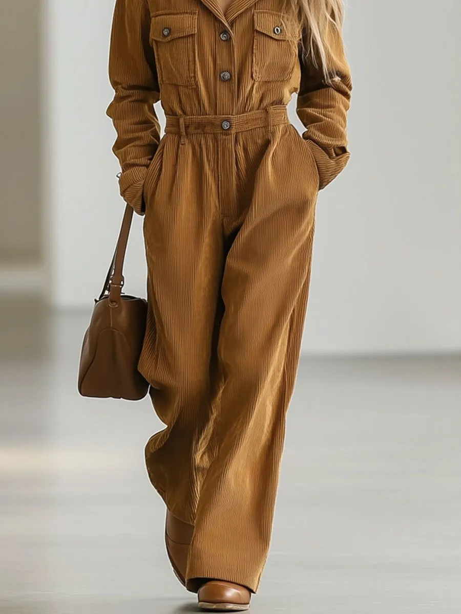【24-hour shipping out】Casual Loose Retro Corduroy Multi-Pocket Long Sleeve Jumpsuit sold by Oyrosy product image thumbnail 4