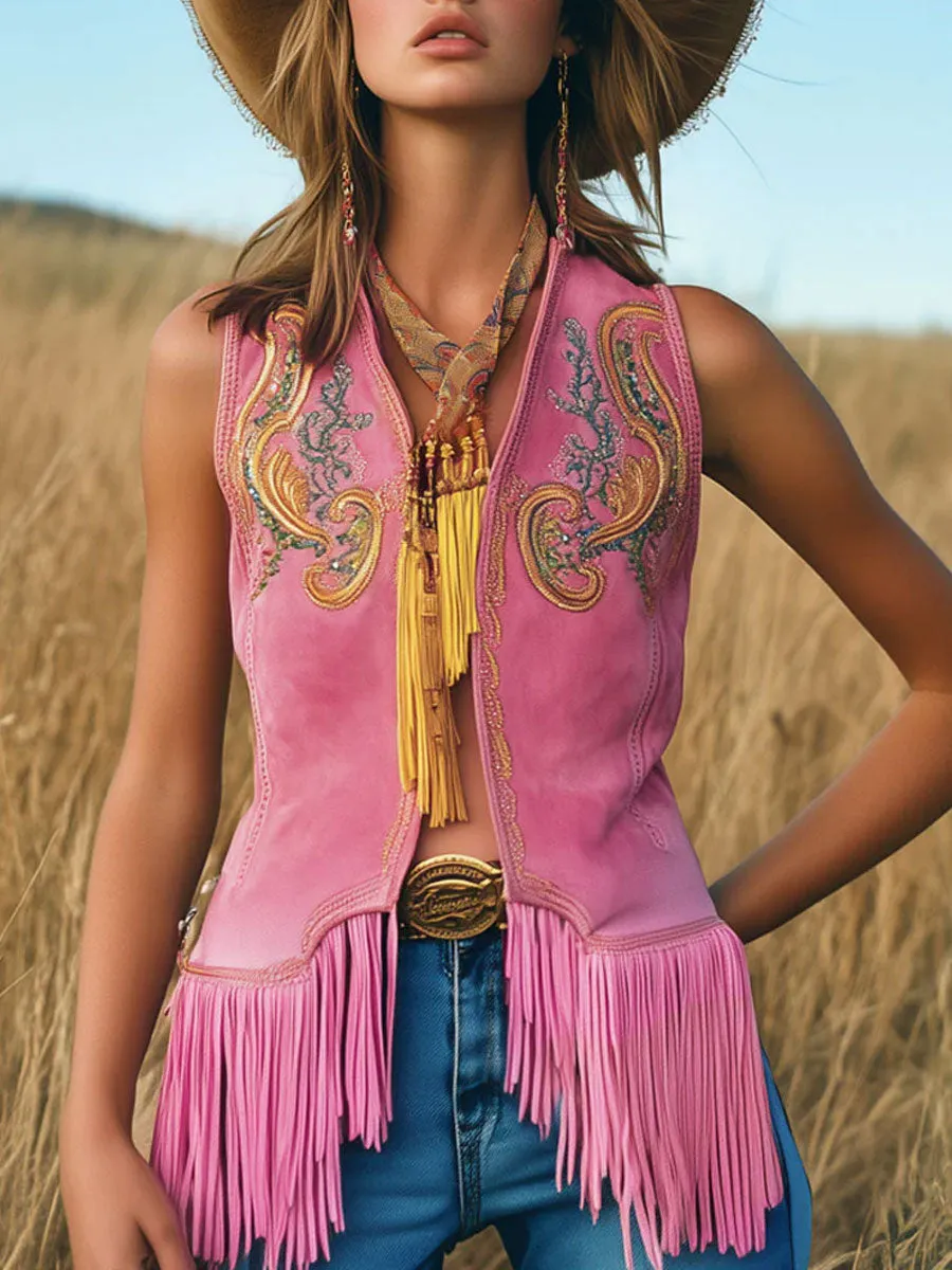 【24-hour shipping out】Casual Loose Vintage Gold Embroidery Pink Suede Tassel Vest sold by Oyrosy product image thumbnail 2
