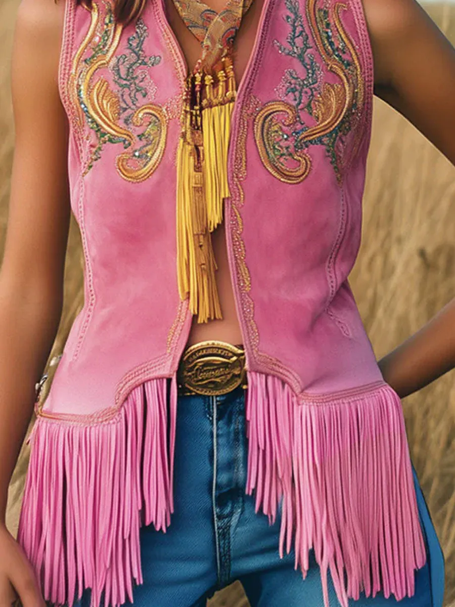 【24-hour shipping out】Casual Loose Vintage Gold Embroidery Pink Suede Tassel Vest sold by Oyrosy product image thumbnail 5