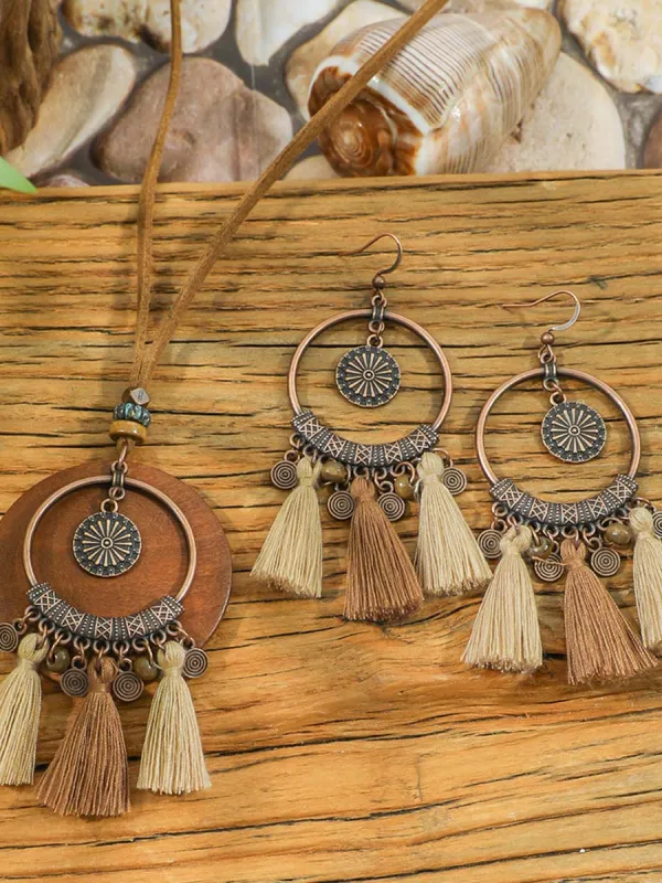 Vintage Distressed Bohemian Tassel Necklace Earrings Set sold by Oyrosy