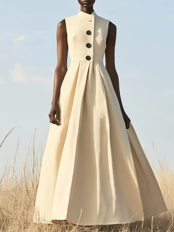 【24-hour shipping out】Elegant and Simple Black Button Stand Collar Sleeveless Maxi Dress sold by Oyrosy