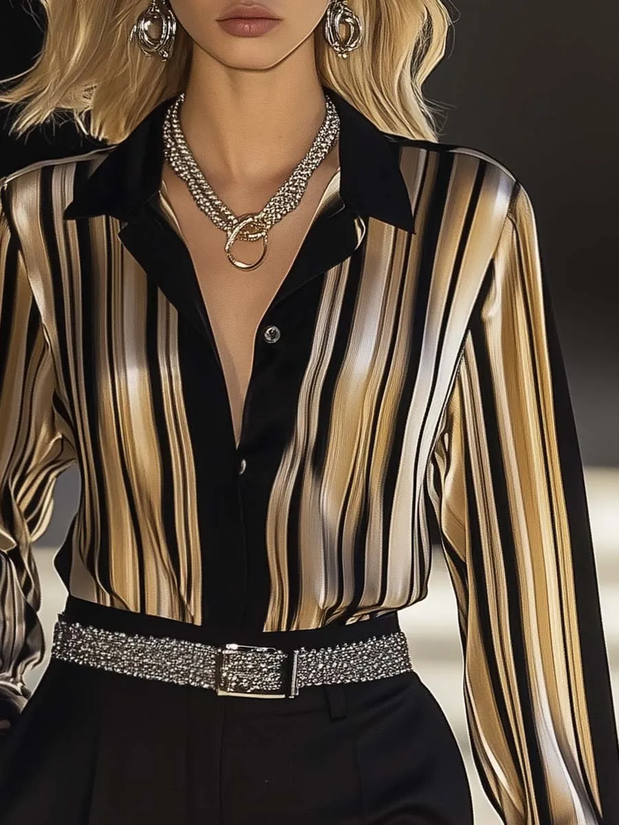 Elegant and Stylish Black and Gold Stripe Printed Satin Shirt sold by Oyrosy product image thumbnail 3