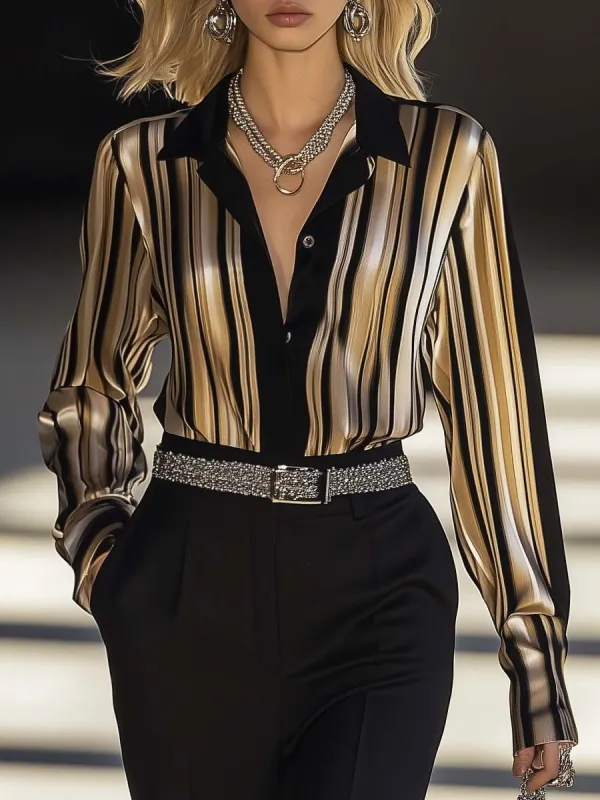 Elegant and Stylish Black and Gold Stripe Printed Satin Shirt sold by Oyrosy