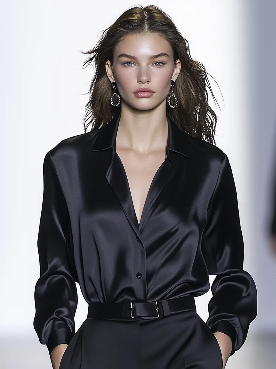 High-end Fashion Black Satin Long-sleeved Shirt sold by Oyrosy product image thumbnail 2