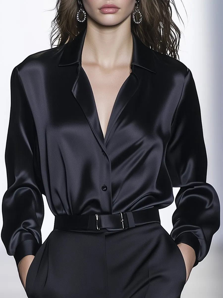High-end Fashion Black Satin Long-sleeved Shirt sold by Oyrosy