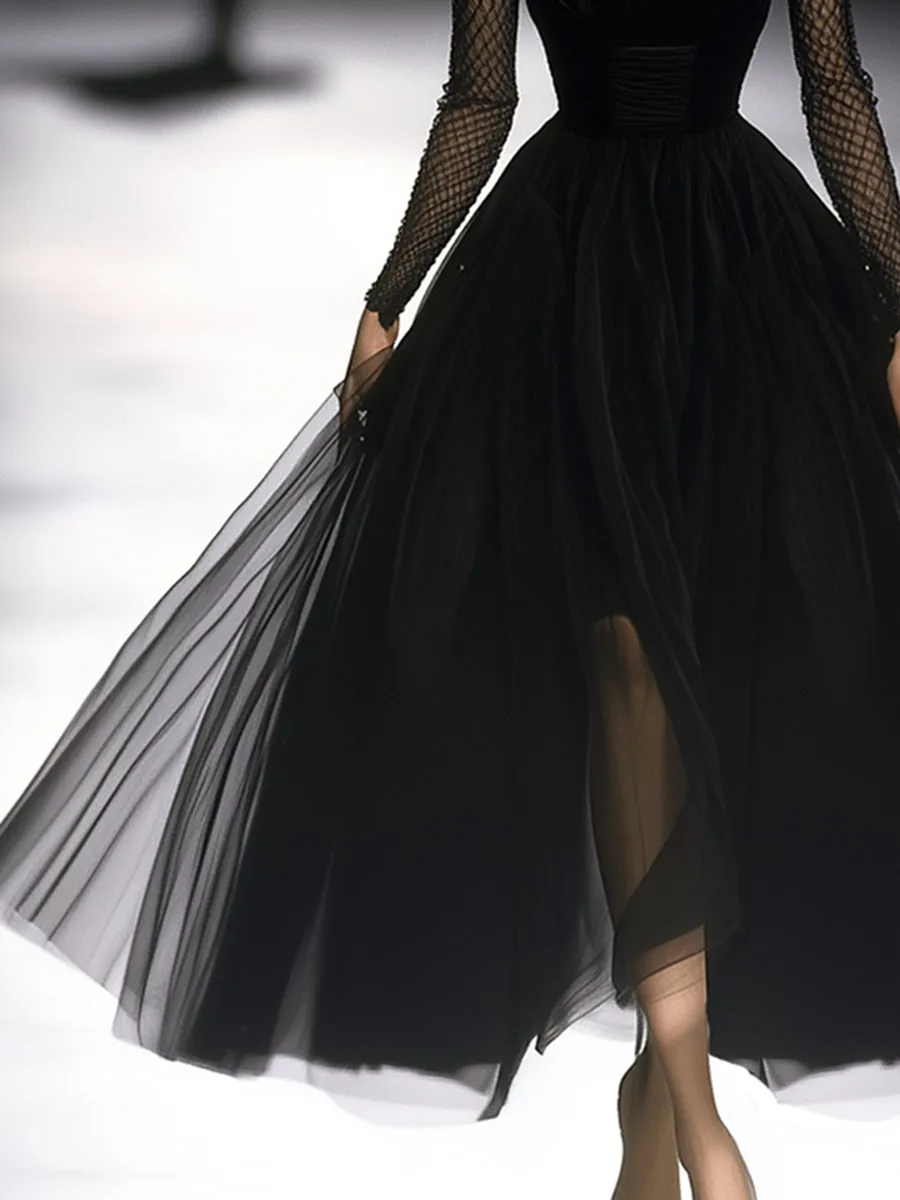 Retro Classic French Black Gauze Maxi Dress sold by Oyrosy product image thumbnail 5