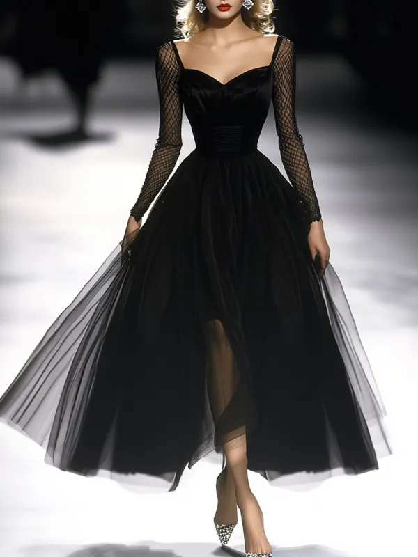 Retro Classic French Black Gauze Maxi Dress sold by Oyrosy